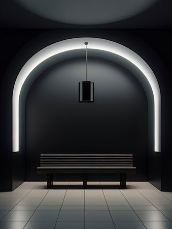 Bench in dark room with arch and lamp. 3D Renderingの素材