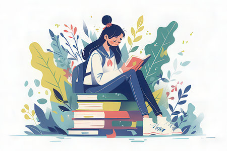 Girl sitting on a pile of books and reading. Vector illustration.の素材