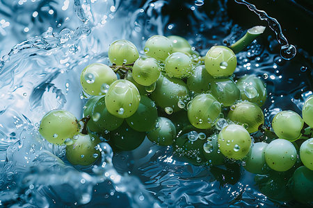 Green grapes in water with splash and drops of water on blue backgroundの素材