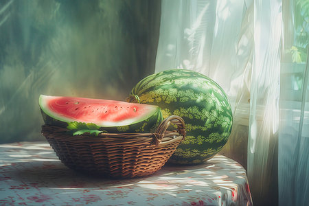 Watermelon in a wicker basket on the table in the sunlightの素材