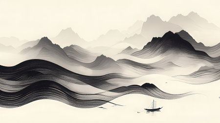 Mountain landscape with a boat in the water. Digital illustration.のeditorial素材