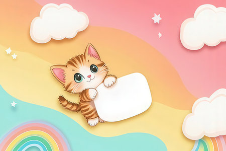 Cute kitten with blank paper on rainbow background. Vector illustration.の素材