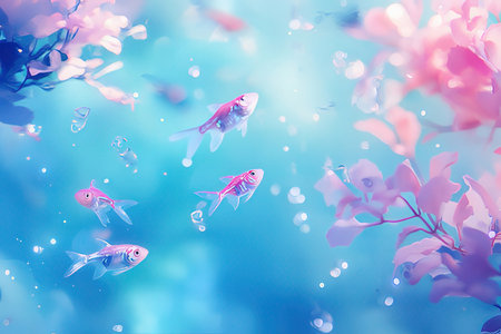 Goldfish in the aquarium with water and flowers. Abstract background.の素材