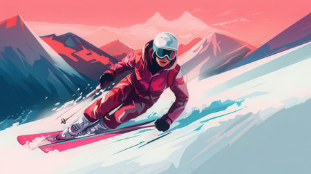 Flying skier in mountains. Extreme winter sport. Vector illustration.の素材