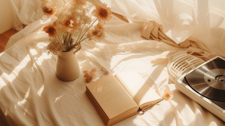 Open book with dried flowers in vase on bed in morning sunlightの素材