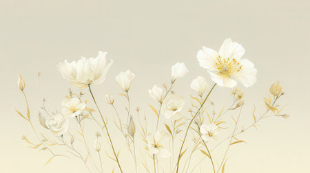White poppies on a beige background with space for textの素材