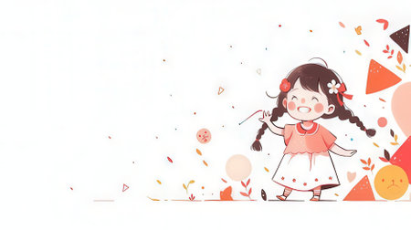 Cute little girl painting with watercolor on white background. Vector illustration.の素材