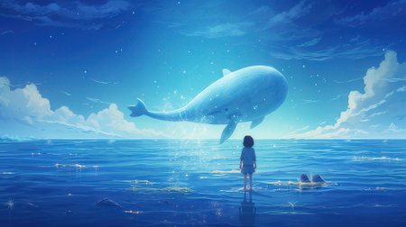 Little girl and big whale in the sea. This is a 3d render illustrationの素材