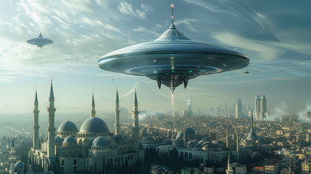 Flying saucer over the city of Istanbul. 3d render.の素材