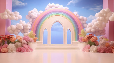 3d render of stage with rainbow and flowers in pastel colorの素材
