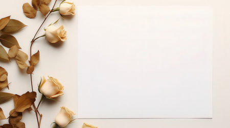 Beautiful white roses and blank card on white background, top viewの素材