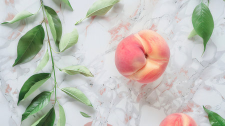 Flat lay composition with peaches and green leaves backgroundの素材