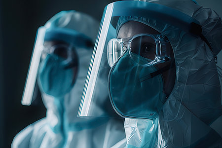 scientists in protective suits and masks with test tubes on dark backgroundの素材