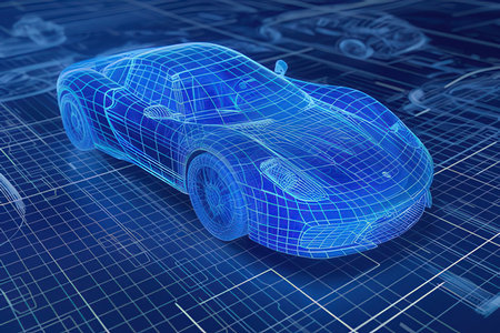 3d rendering of a car model in blue on a blue backgroundの素材