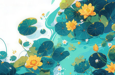 Water lily and lotus flowers in the pond. Vector illustration.の素材