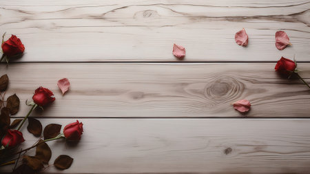 Beautiful red roses on wooden background, valentines day conceptの素材