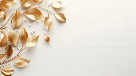 3d render, golden leaves with pearls on white background, copy spaceの素材