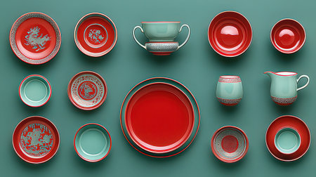 Ceramic tableware on a green background. 3d illustrationの素材