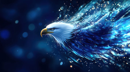3d illustration of an eagle in a blue background with a bokeh effectの素材