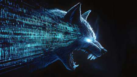 Digital wolf with binary code. 3d illustration. Computer generated image.の素材