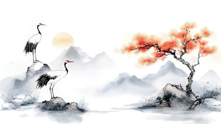 Traditional sumi-e painting. Mountain, sunset. Sun. Illustration. Picture.の素材