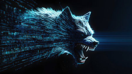 Digital wolf head with binary code on a dark background. 3d renderingの素材