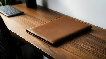 Close up of notebook on wooden table in modern office, stock photoの素材