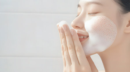 Beautiful asian woman applying cosmetic cream on her face, skin care conceptの素材
