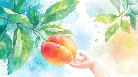 Watercolor painting of apricot and hand. Vector illustration.の素材