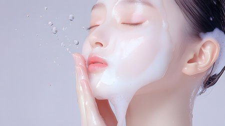 Young asian woman applying moisturizing cream on face. Skin care concept.の素材