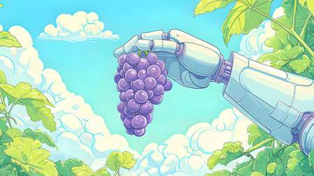 Vector illustration of a hand holding a bunch of grapes against the skyの素材