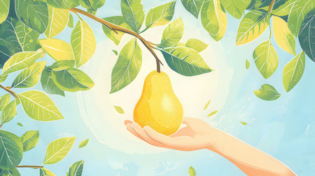 Illustration of hand holding a ripe pear on a background of leavesの素材