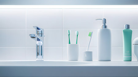 Toothbrushes and toothpaste in bathroom. 3d renderingの素材