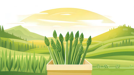 Vector illustration of green asparagus growing in a wooden box in a field.の素材