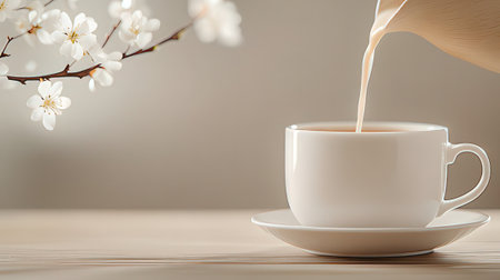 Pouring milk into a cup of tea with cherry blossom on wooden tableの素材