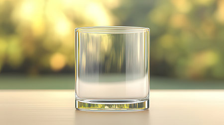 Empty glass on wooden table with bokeh background, 3d renderの素材