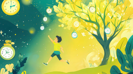Vector illustration of a boy running in the park with clock and treesの素材