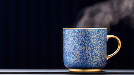 Blue cup of coffee with steam on black background. Copy space.の素材