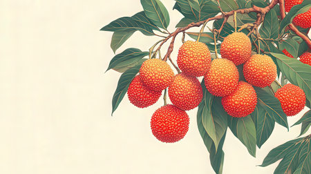 Fresh lychee fruits on tree branch with leaves, vintage tonedの素材