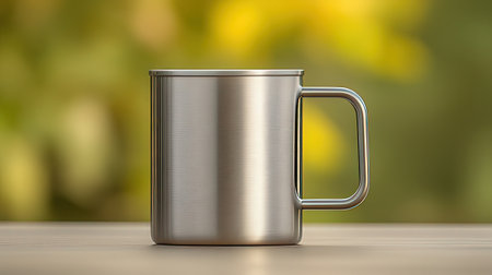 Metal mug mockup on wooden table with blurred background. 3d renderの素材