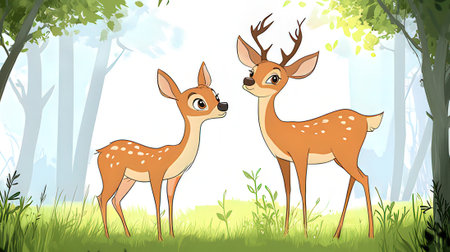 Two deer in the forest. Cartoon vector illustration for your design.の素材