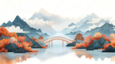 Autumn landscape with mountain, lake and bridge. Vector illustration.の素材