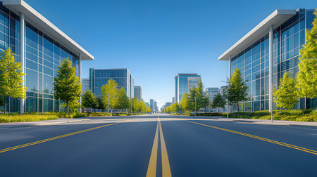 Empty asphalt road in front of modern office building with blue sky backgroundの素材