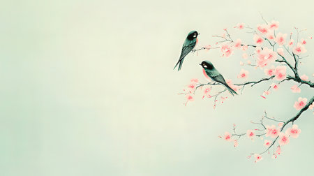 cherry blossom and birds on sky background with copy space.の素材
