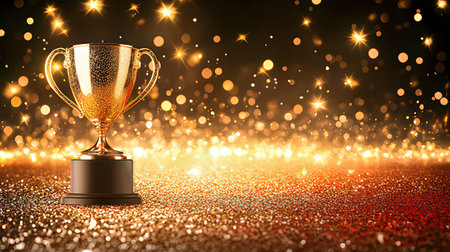 Golden trophy cup on glitter background. 3D illustration. Award conceptの素材
