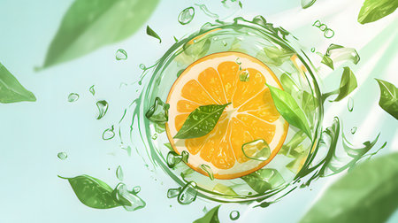 Slices of orange falling into a glass of water with green leavesの素材
