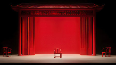 3D Illustration of a Red Gate with Chairsの素材