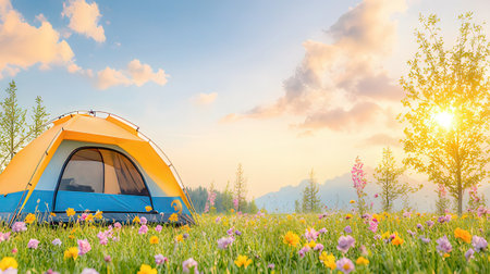 Camping tent in the meadow with flowers and blue sky backgroundの素材