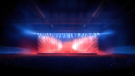 Concert hall with bright stage lights and crowd of people silhouettesの素材