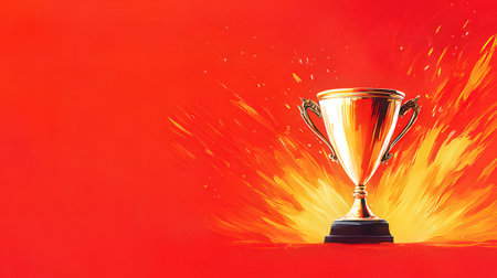 Trophy on red background with copy space for your text or image.の素材